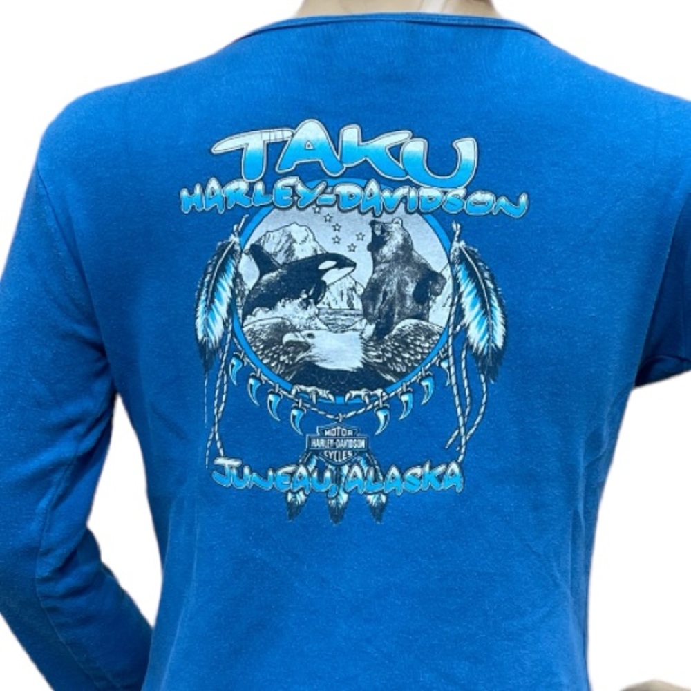 HARLEY-DAVIDSON Women’s Blue Crop Top Long Sleeve Tee Shirt Size Small - Picture 10 of 14